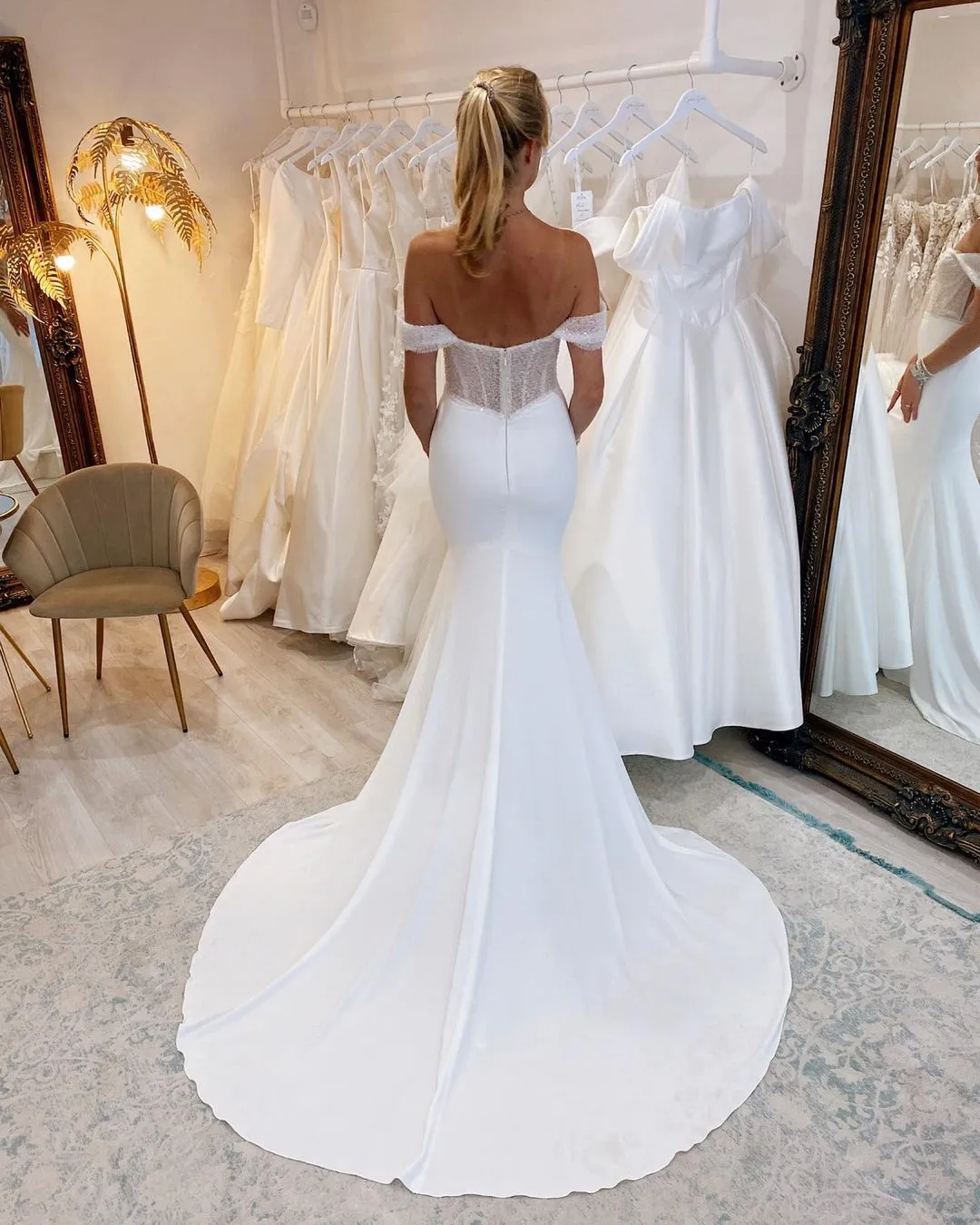 Charming Mermaid Off the Shoulder Satin Long Wedding Dresses with Sequins sold by KissProm product image thumbnail 2