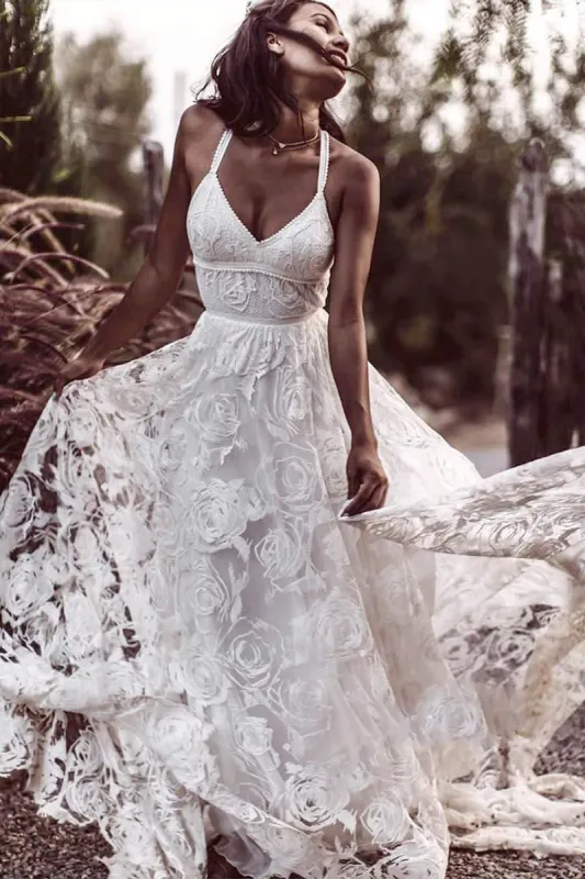 Luxury Lace Chic Halter A-Line Bohemian Wedding Dress with Slit Bridal Gowns sold by KissProm