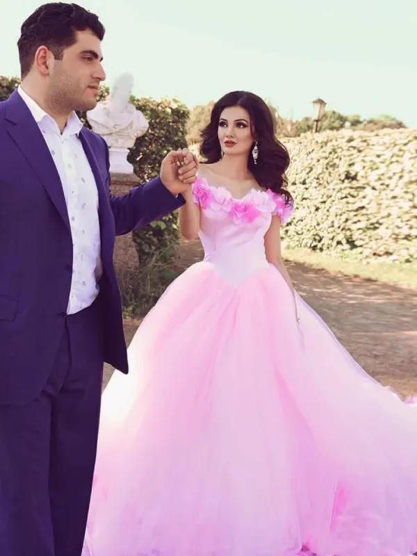 Pink Cathedral Train 3D Flowers Applique Wedding Gown Quinceanera Dresses sold by KissProm