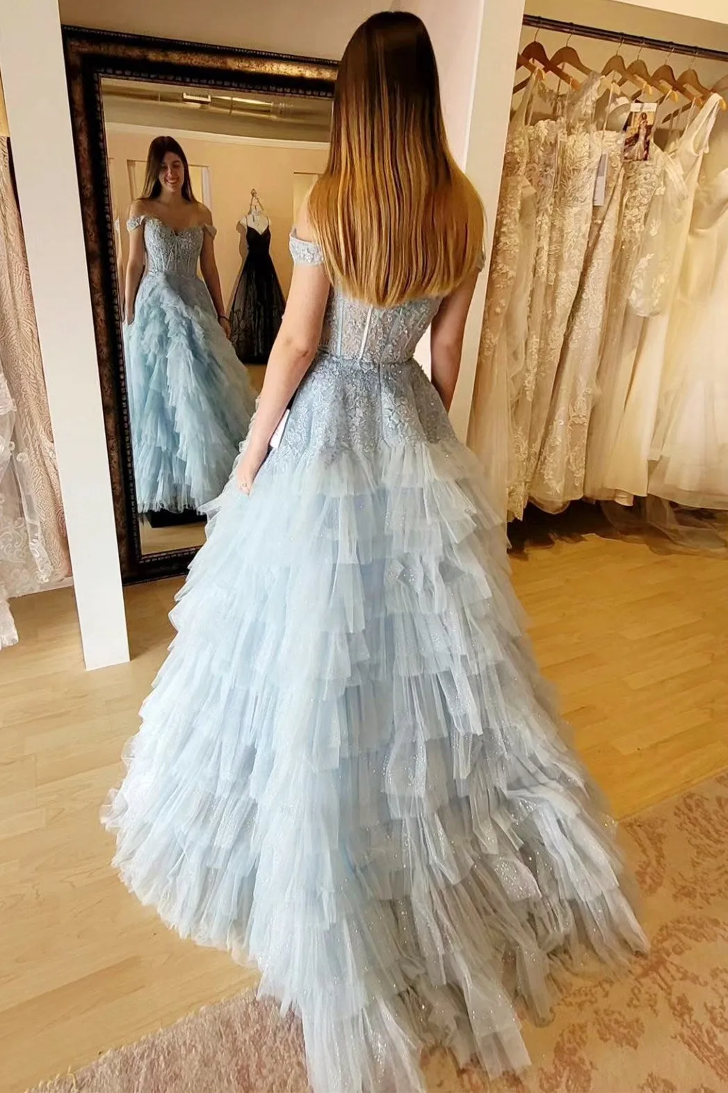 Oaklyn | Light Blue Appliques Off-the-Shoulder Ruffle Tiered Long Prom Dress sold by KissProm product image thumbnail 2