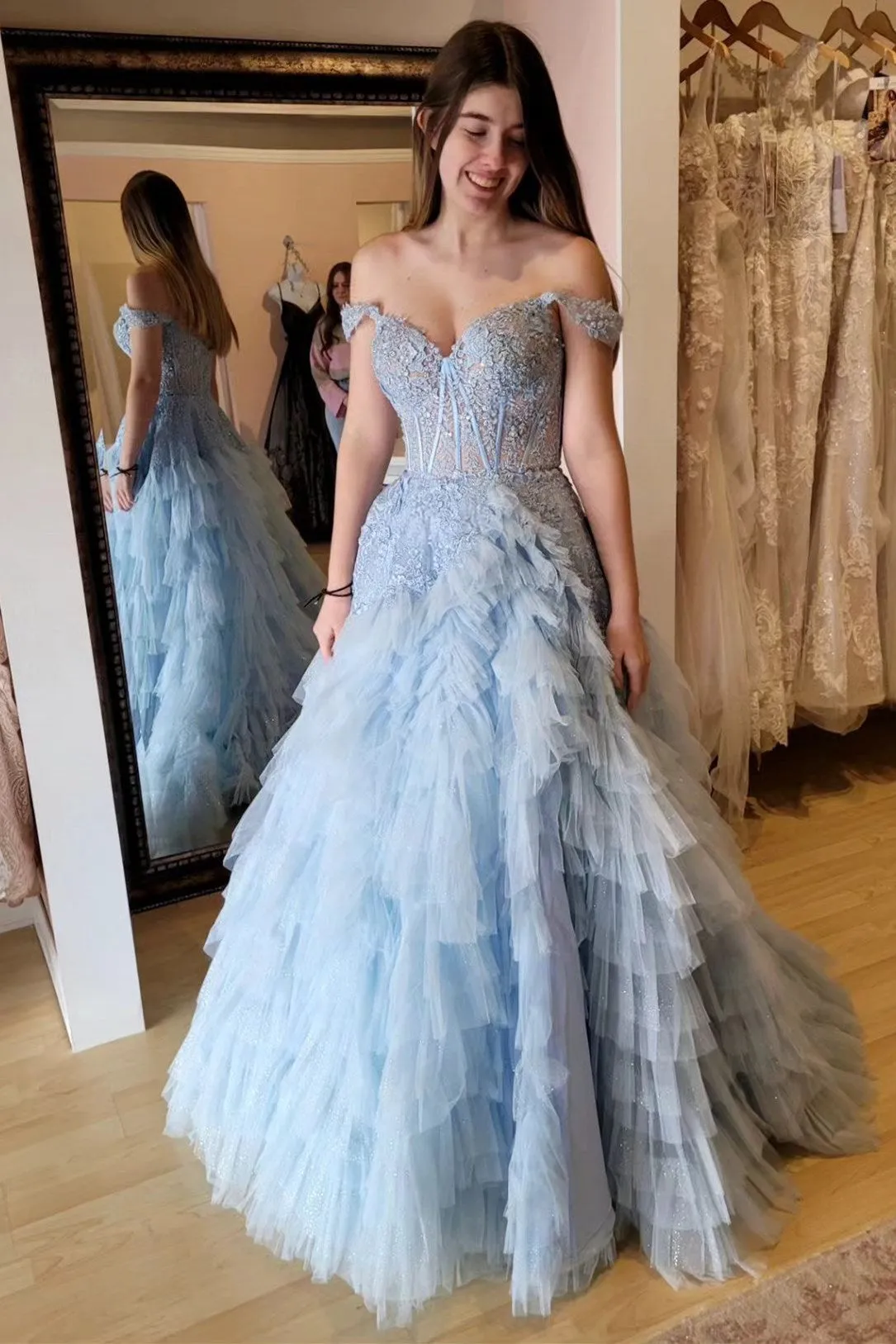 Oaklyn | Light Blue Appliques Off-the-Shoulder Ruffle Tiered Long Prom Dress sold by KissProm