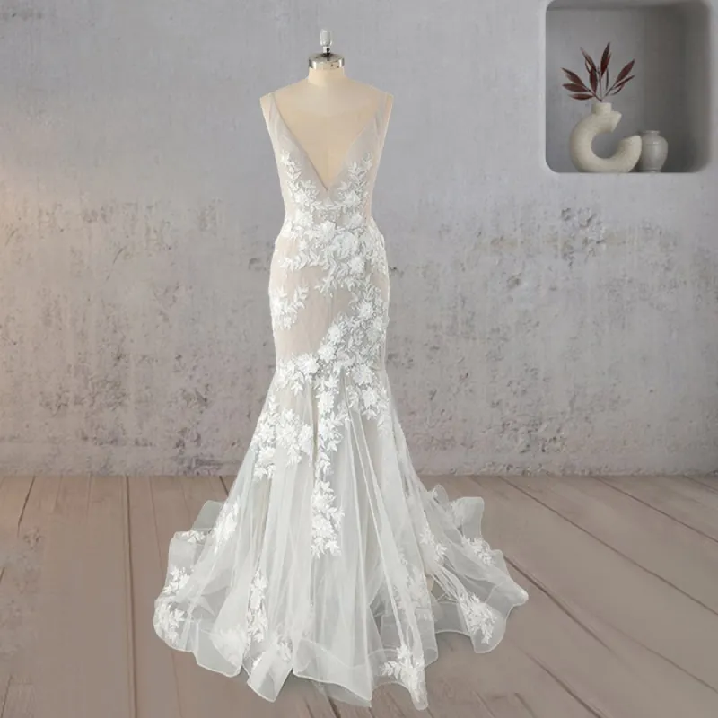 Mermaid Bohemian Lace Illusion V-Neck Wedding Dress sold by KissProm