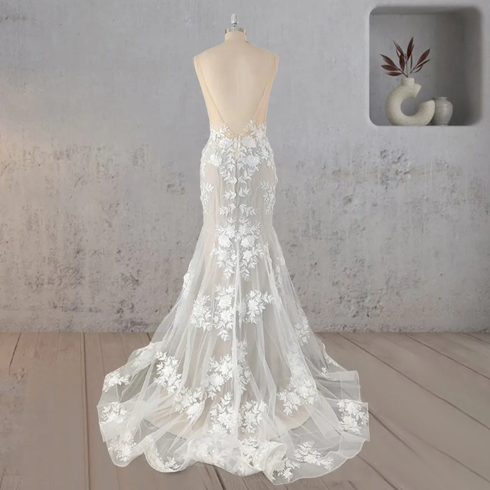 Mermaid Bohemian Lace Illusion V-Neck Wedding Dress sold by KissProm product image thumbnail 2