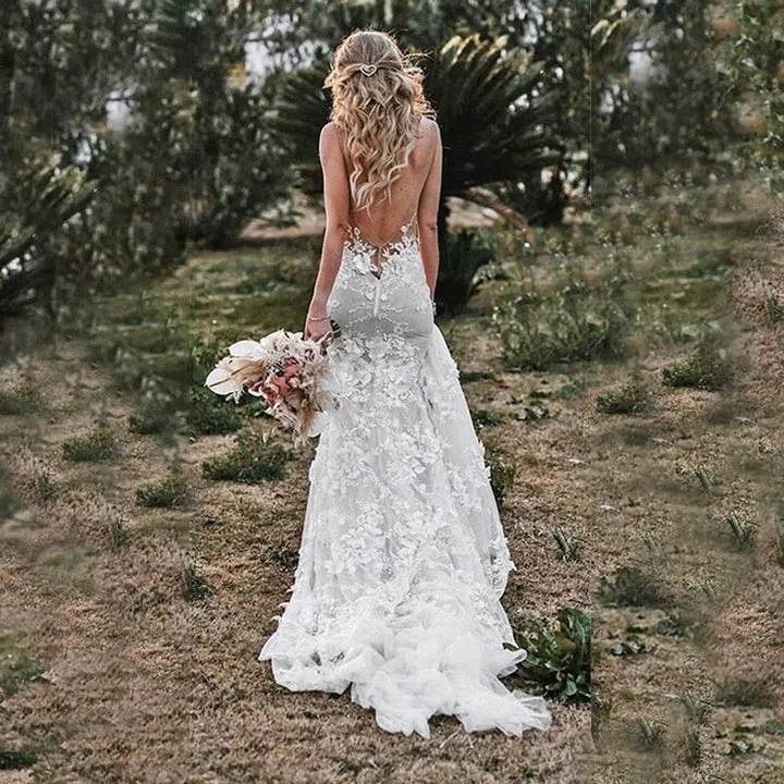 Mermaid Bohemian Lace Illusion V-Neck Wedding Dress sold by KissProm product image thumbnail 5