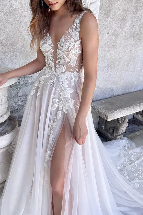 Hermosa | Attractive Illusion Deep V Neck Lace Appliques Boho Wedding Dress with Slit sold by KissProm product image thumbnail 2