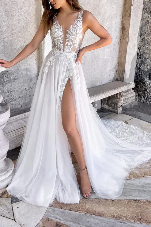 Hermosa | Attractive Illusion Deep V Neck Lace Appliques Boho Wedding Dress with Slit sold by KissProm