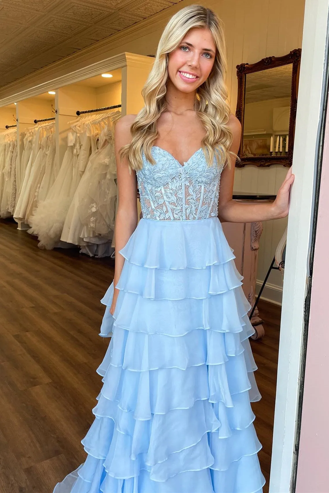 Alondra | Royal Blue Chiffon Sweetheart Ruffle Tiered Long Prom Dress sold by KissProm product image thumbnail 2