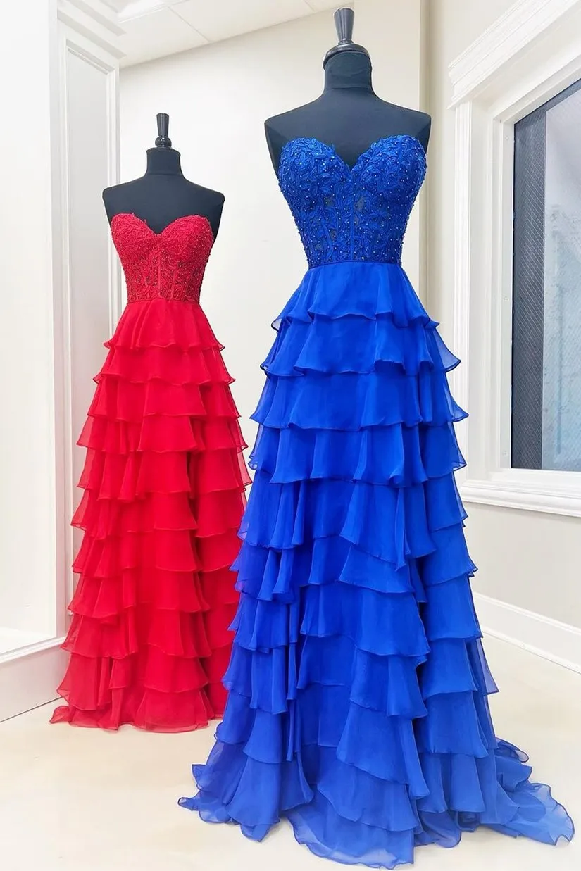 Alondra | Royal Blue Chiffon Sweetheart Ruffle Tiered Long Prom Dress sold by KissProm