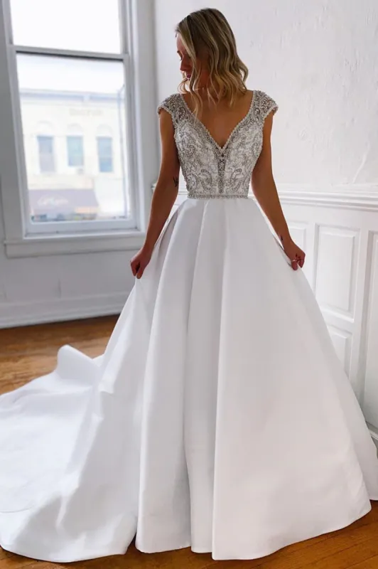 Marleigh | A-Line V-Neck Long White Wedding Dress with Silver Beads sold by KissProm