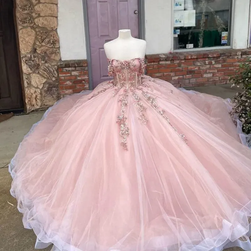 Enza | Pink Tulle Appliques Strapless Quinceanera Dresses sold by KissProm