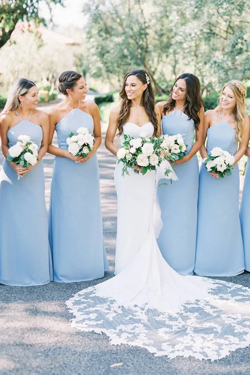Charming A-Line Halter Sky Blue Chiffon Long Bridesmaid Dresses sold by KissProm