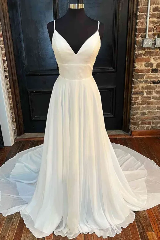 Lace Back White V-Neck A-Line Long Birdal Dress sold by KissProm
