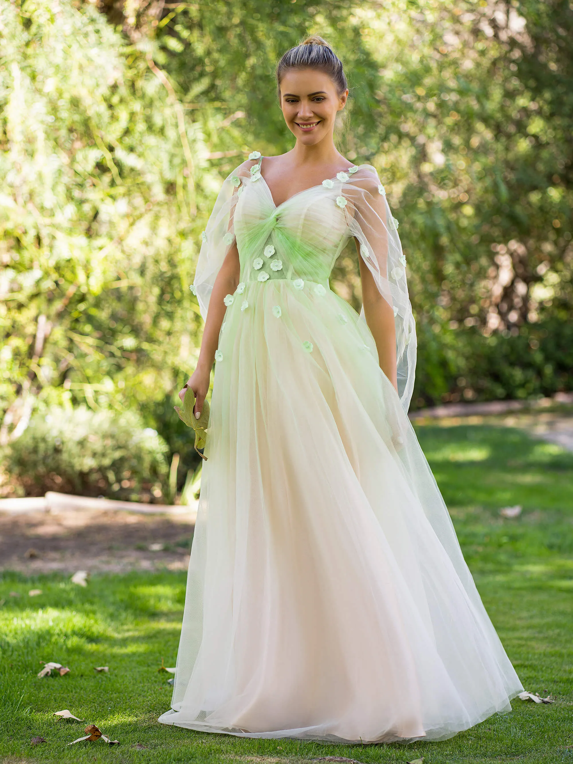 V-neck 3D Applique Floor Length Tulle Prom Dress sold by KissProm