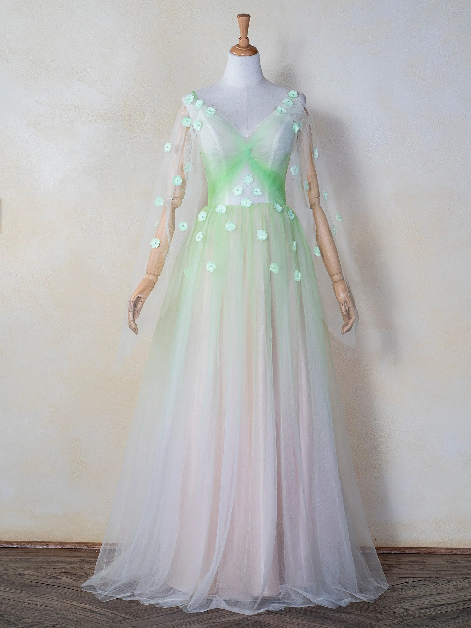 V-neck 3D Applique Floor Length Tulle Prom Dress sold by KissProm product image thumbnail 3