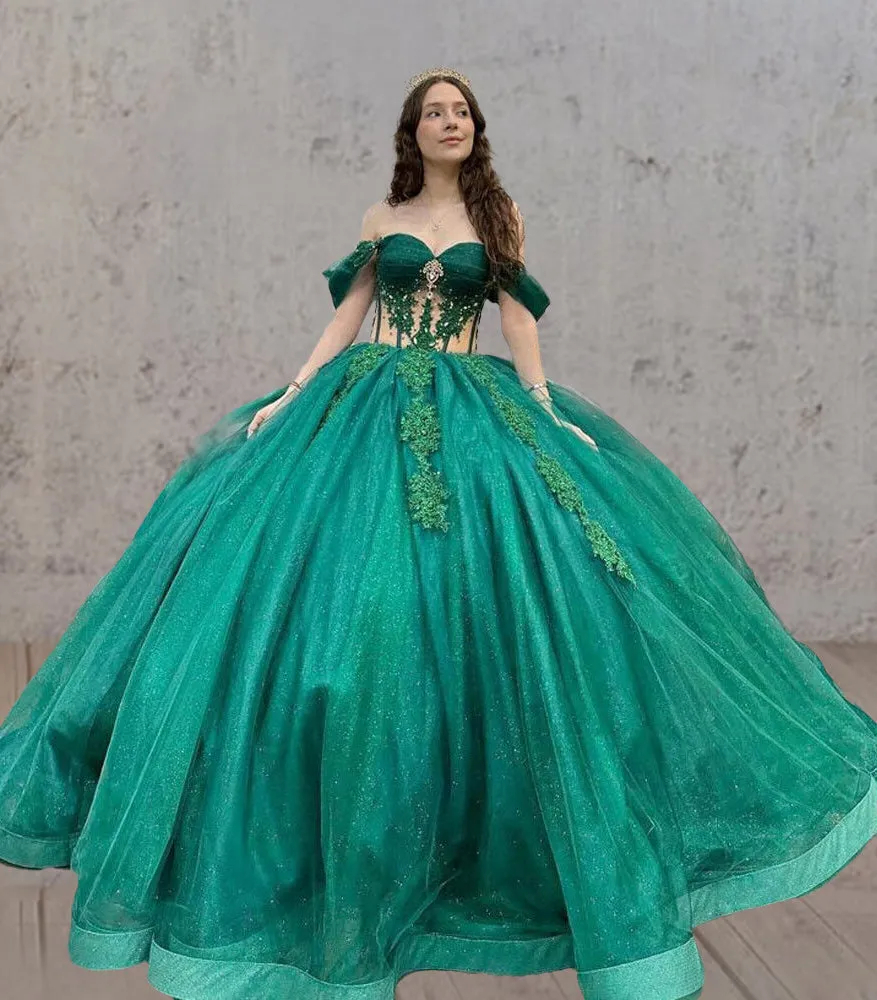 Emerald Green Ball-Gown Tulle Off-the-Shoulder Quinceanera Dresses sold by KissProm