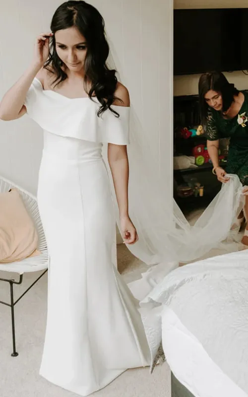 Modern Mermaid Floor-length Short Off-the-shoulder Sleeve Satin Wedding Dress sold by KissProm