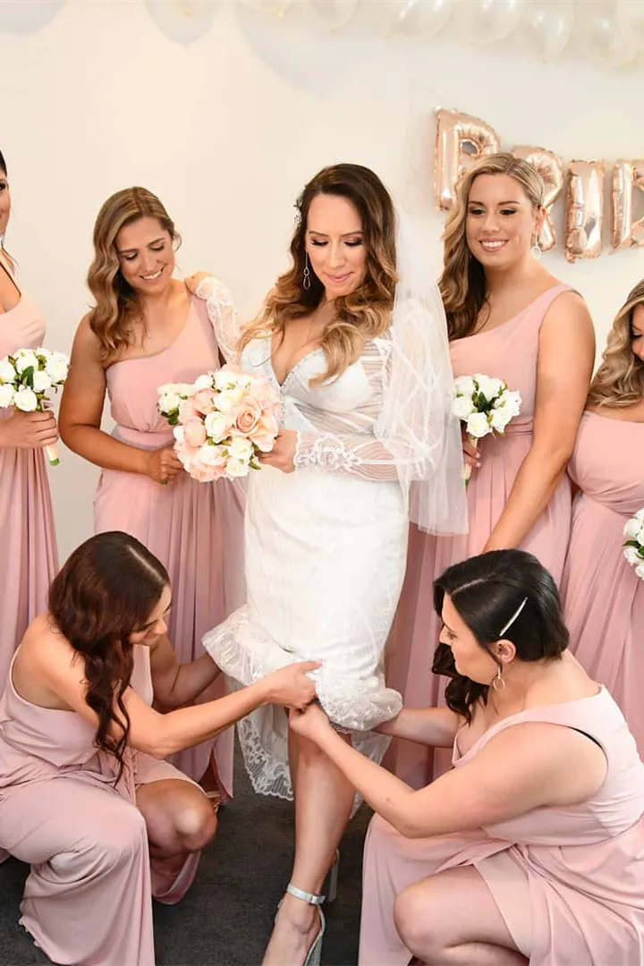 Pink One Shoulder Faux-Wrap Satin Long Bridesmaid Dress sold by KissProm