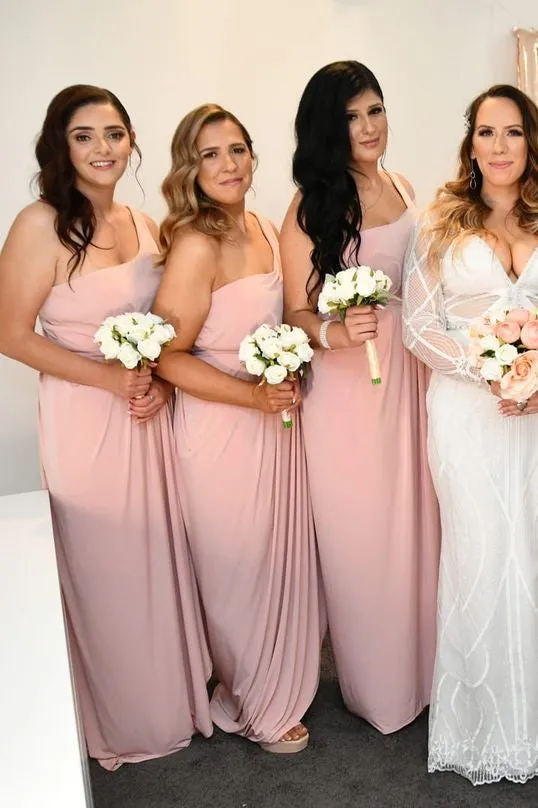 Pink One Shoulder Faux-Wrap Satin Long Bridesmaid Dress sold by KissProm product image thumbnail 2