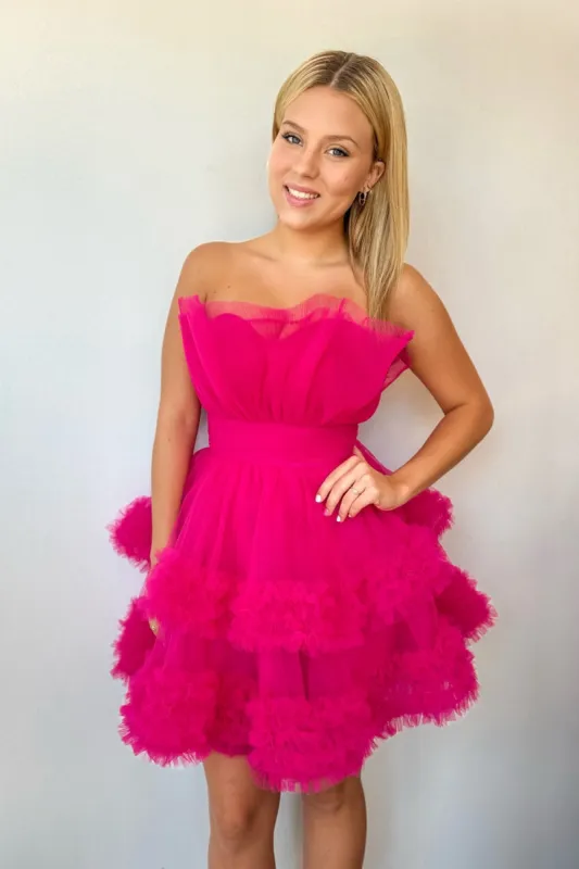 Meagan | Fuchsia Strapless Tiered Tulle Short Homecoming Dresses sold by KissProm