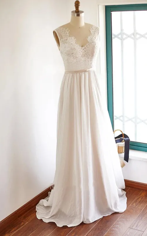 V-neck Sleeveless Chiffon Wedding Dress With Top And Sweep Train sold by KissProm