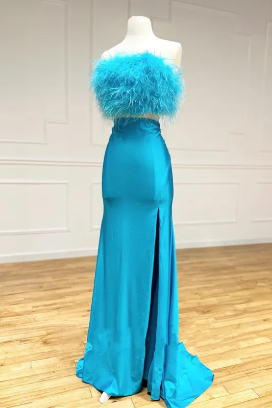 Vicki | Jade Two-Piece Feathers Strapless Satin Long Prom Dress with Slit sold by KissProm