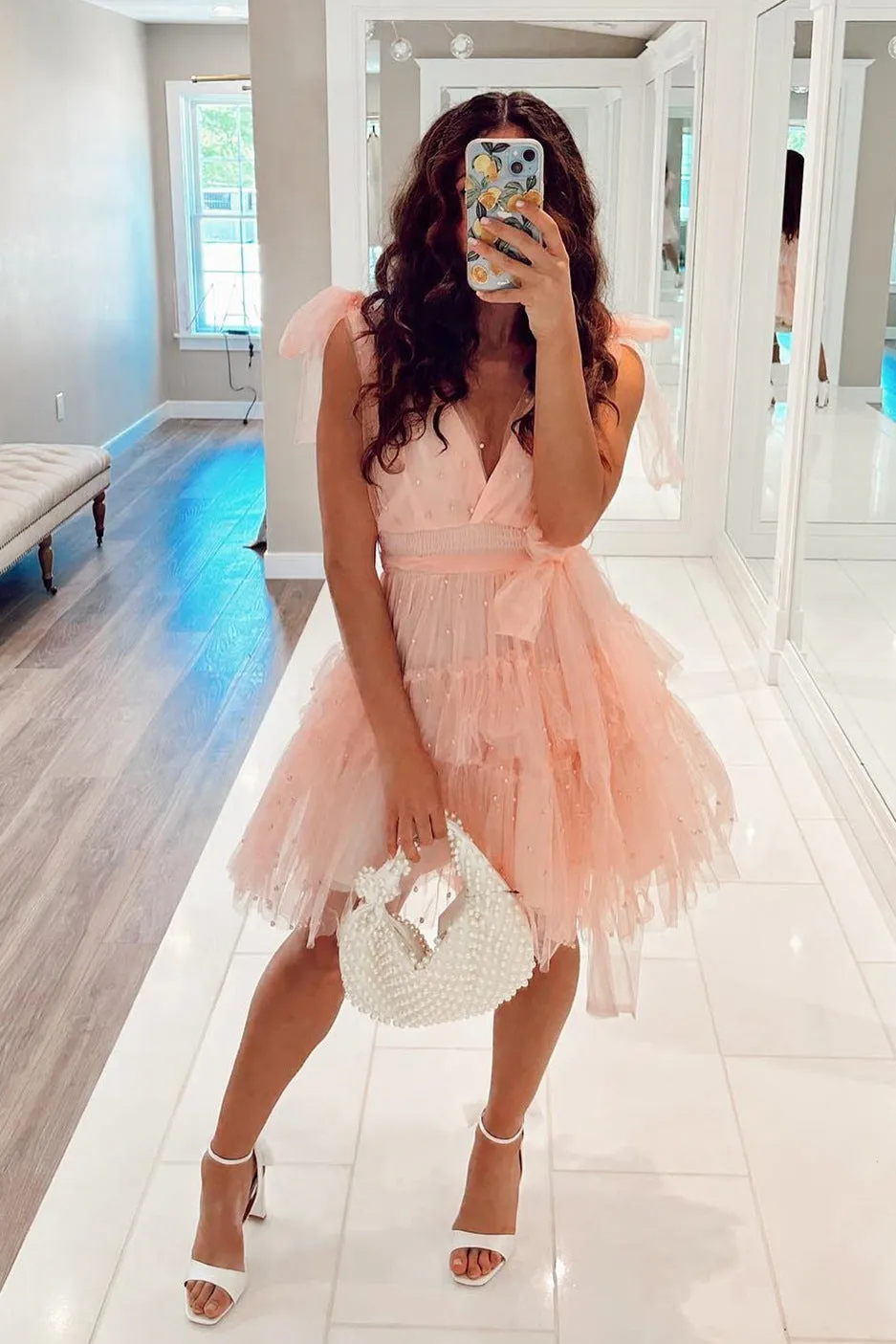 Lennon | Blush Tulle A-Line Homecoming Dress with Pearls sold by KissProm product image thumbnail 2