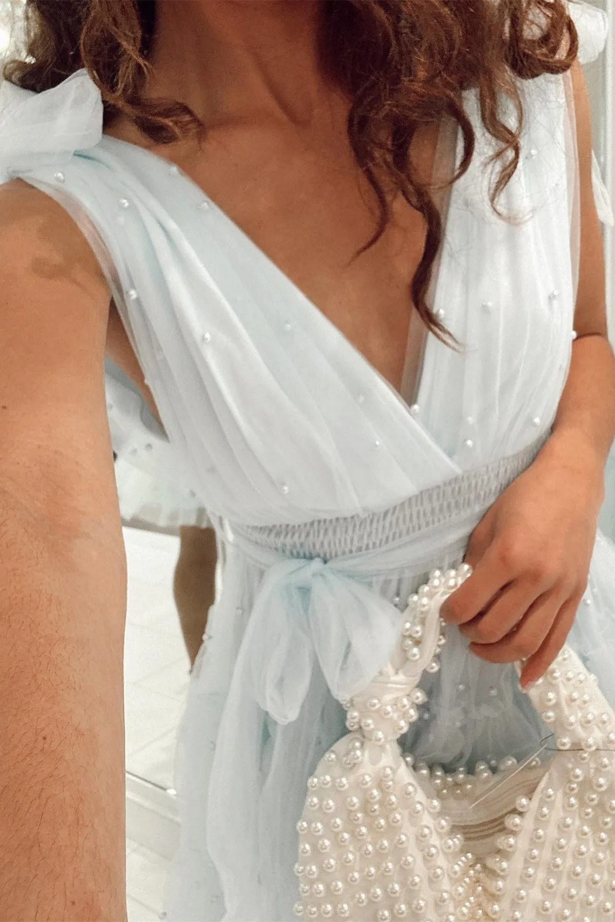 Lennon | Blush Tulle A-Line Homecoming Dress with Pearls sold by KissProm product image thumbnail 5