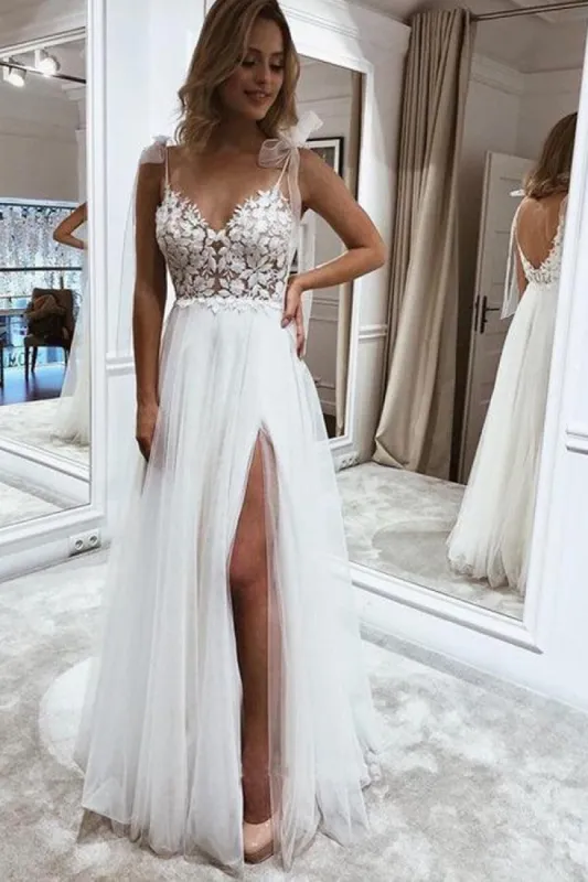 A Line V Neck Straps Tulle Split Wedding Dress/Bridal Gown with Lace sold by KissProm