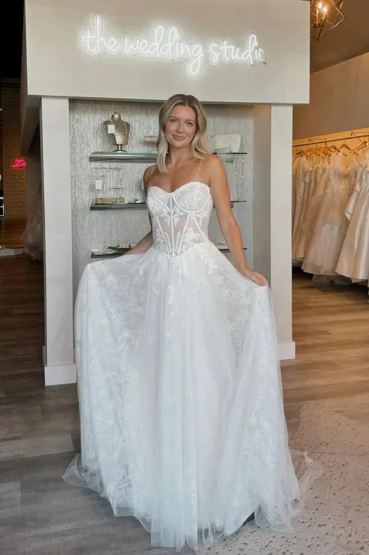 Charming A-Line Strapless Tulle Lace Wedding Dresses sold by KissProm