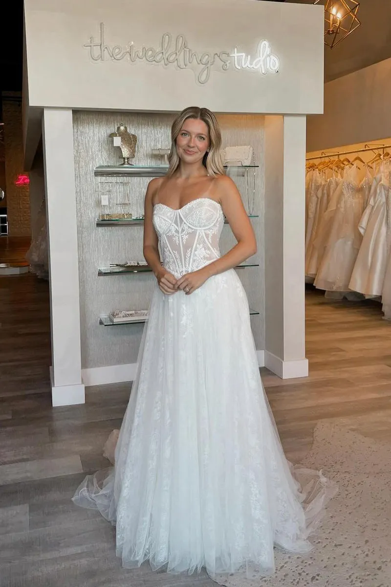 Charming A-Line Strapless Tulle Lace Wedding Dresses sold by KissProm product image thumbnail 2