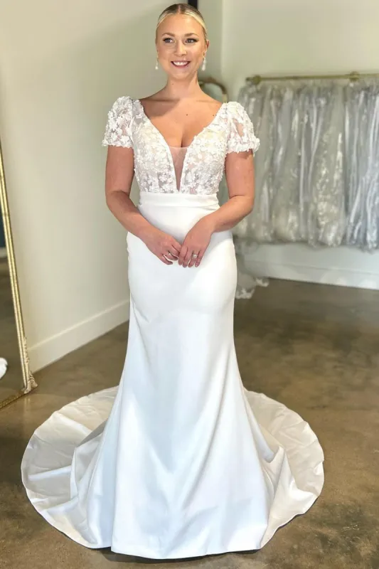 White Floral Applique Plunge V Long Wedding Dress with Short Sleeves sold by KissProm