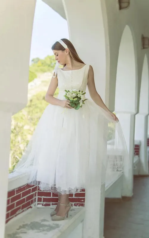 1950S Vintage Deep V Back Sleeveless Short Tulle Wedding Dress sold by KissProm