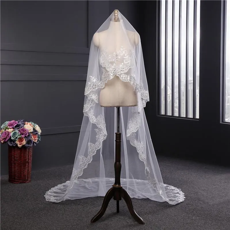 Vintage One-Tier Tulle Lace Long Wedding Veil sold by KissProm product image thumbnail 3