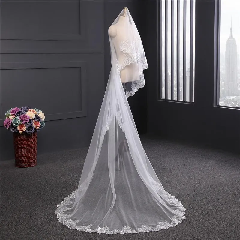 Vintage One-Tier Tulle Lace Long Wedding Veil sold by KissProm product image thumbnail 2