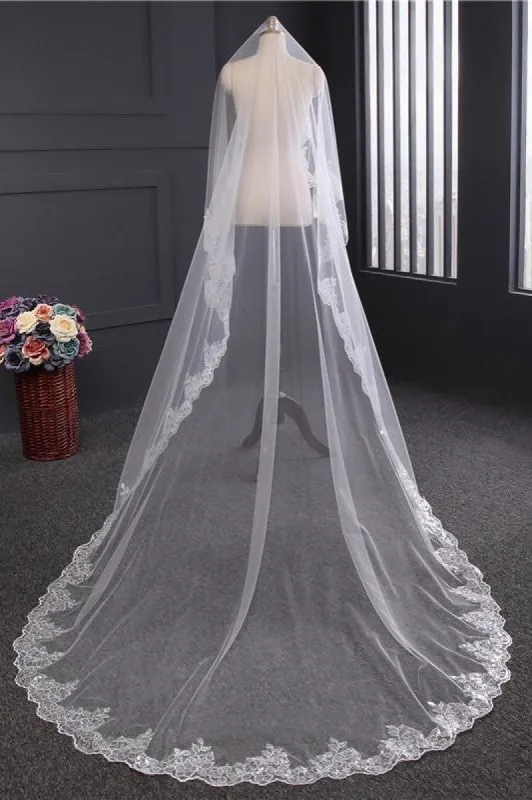 Vintage One-Tier Tulle Lace Long Wedding Veil sold by KissProm