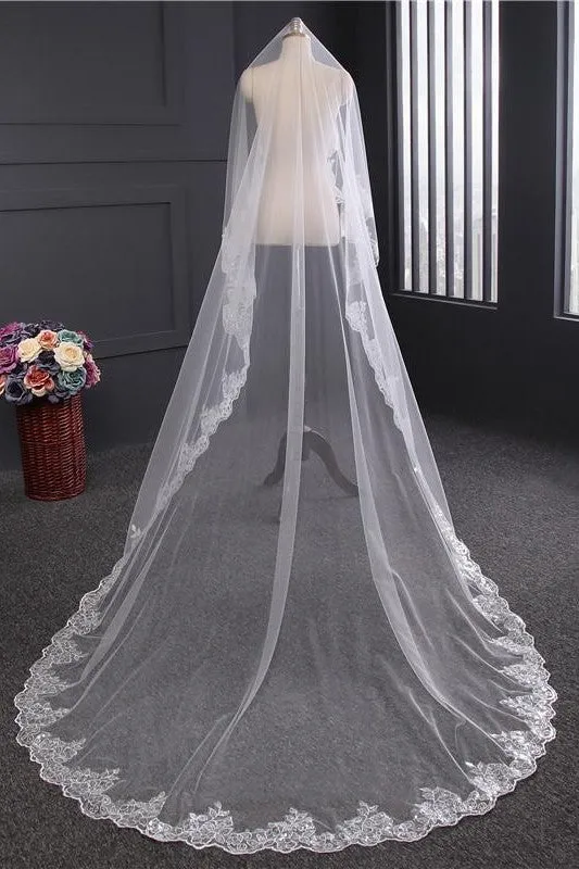 Vintage One-Tier Tulle Lace Long Wedding Veil sold by KissProm product image thumbnail 5