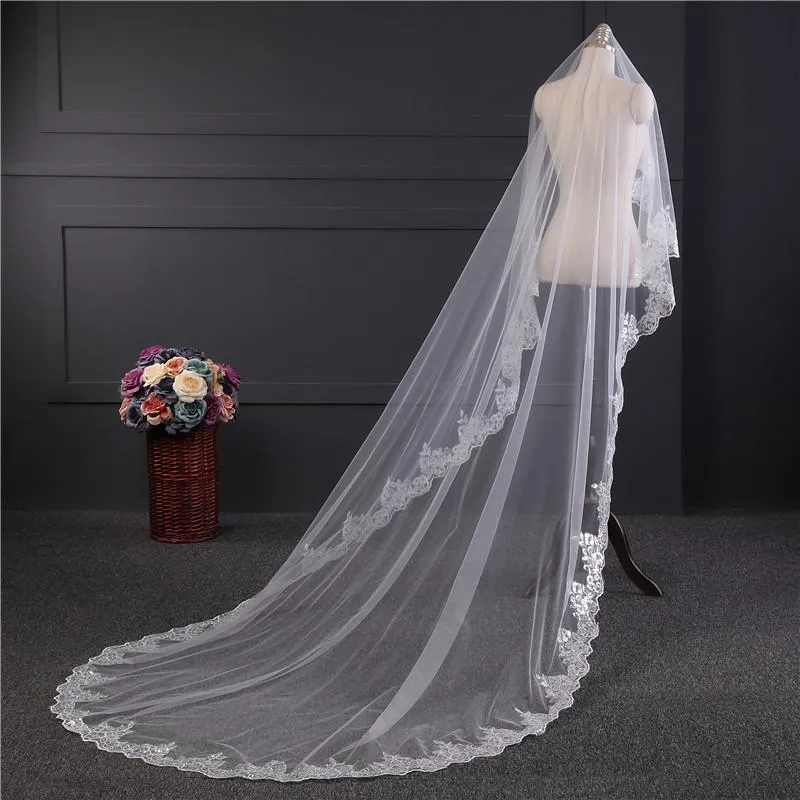 Vintage One-Tier Tulle Lace Long Wedding Veil sold by KissProm product image thumbnail 4