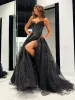 Strapless Sweetheart Neck Black Tulle Long Prom Dresses Long Black Formal Graduation Evening Dresses sold by KissProm