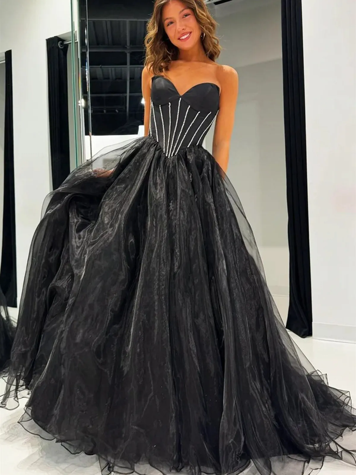Strapless Sweetheart Neck Black Tulle Long Prom Dresses Long Black Formal Graduation Evening Dresses sold by KissProm