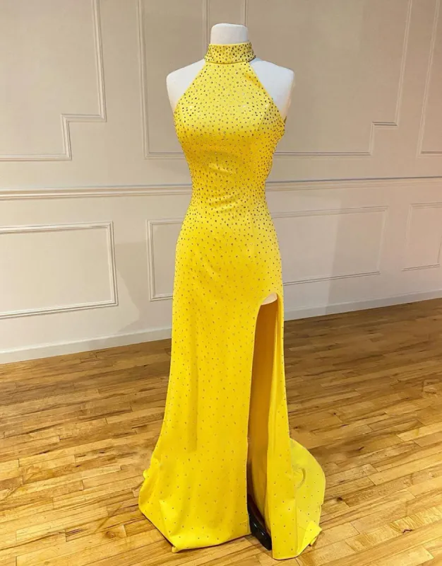 Aliyah | High Neck Mermaid Yellow Prom Dress with Split sold by KissProm