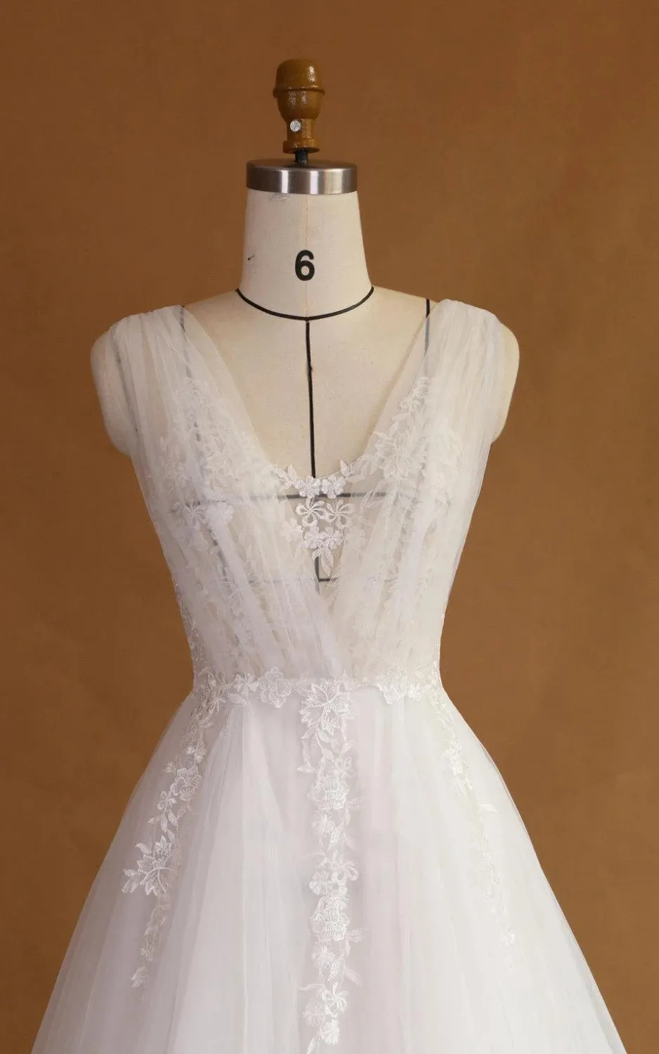 A-Line Strapped V-Neck Lace Satin Dress With Appliques Low-V Back sold by KissProm product image thumbnail 3