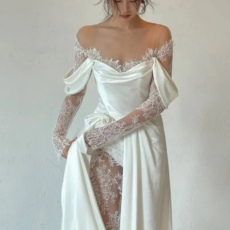 Julietta | Mermaid Off-the-Shoulder Satin Lace Wedding Dress sold by KissProm
