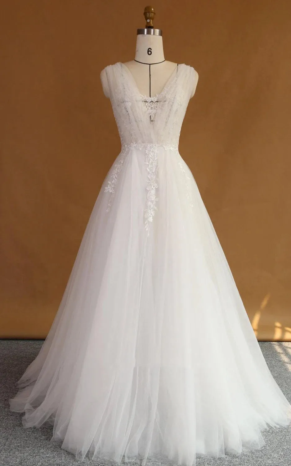 A-Line Strapped V-Neck Lace Satin Dress With Appliques Low-V Back sold by KissProm