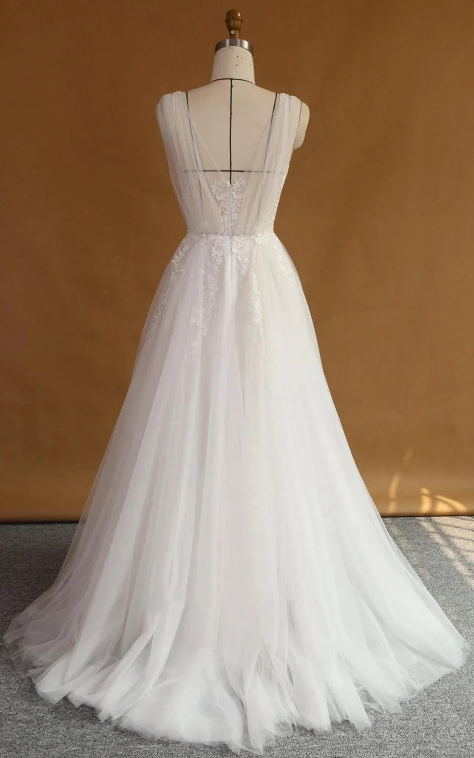 A-Line Strapped V-Neck Lace Satin Dress With Appliques Low-V Back sold by KissProm product image thumbnail 2