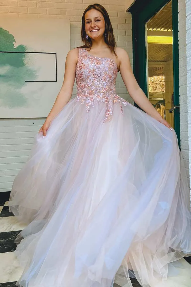 Ombre Tulle Floral Lace One-Shoulder A-Line Long Prom Dress sold by KissProm product image thumbnail 2