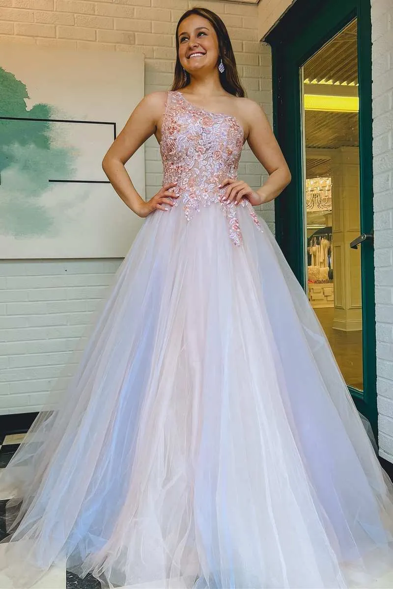 Ombre Tulle Floral Lace One-Shoulder A-Line Long Prom Dress sold by KissProm