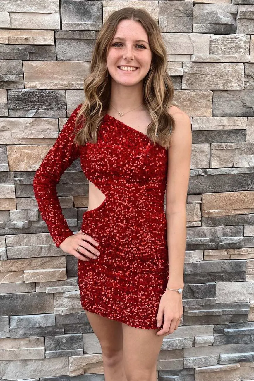 Kensley | Purple Sequin One-Sleeve Cutout Short Homecoming Dress sold by KissProm product image thumbnail 5