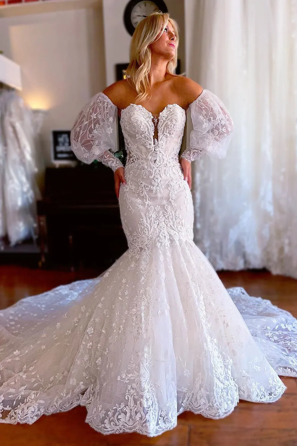 Alena | Sparkly White Mermaid Detachable Long Sleeves Lace Wedding Dress sold by KissProm