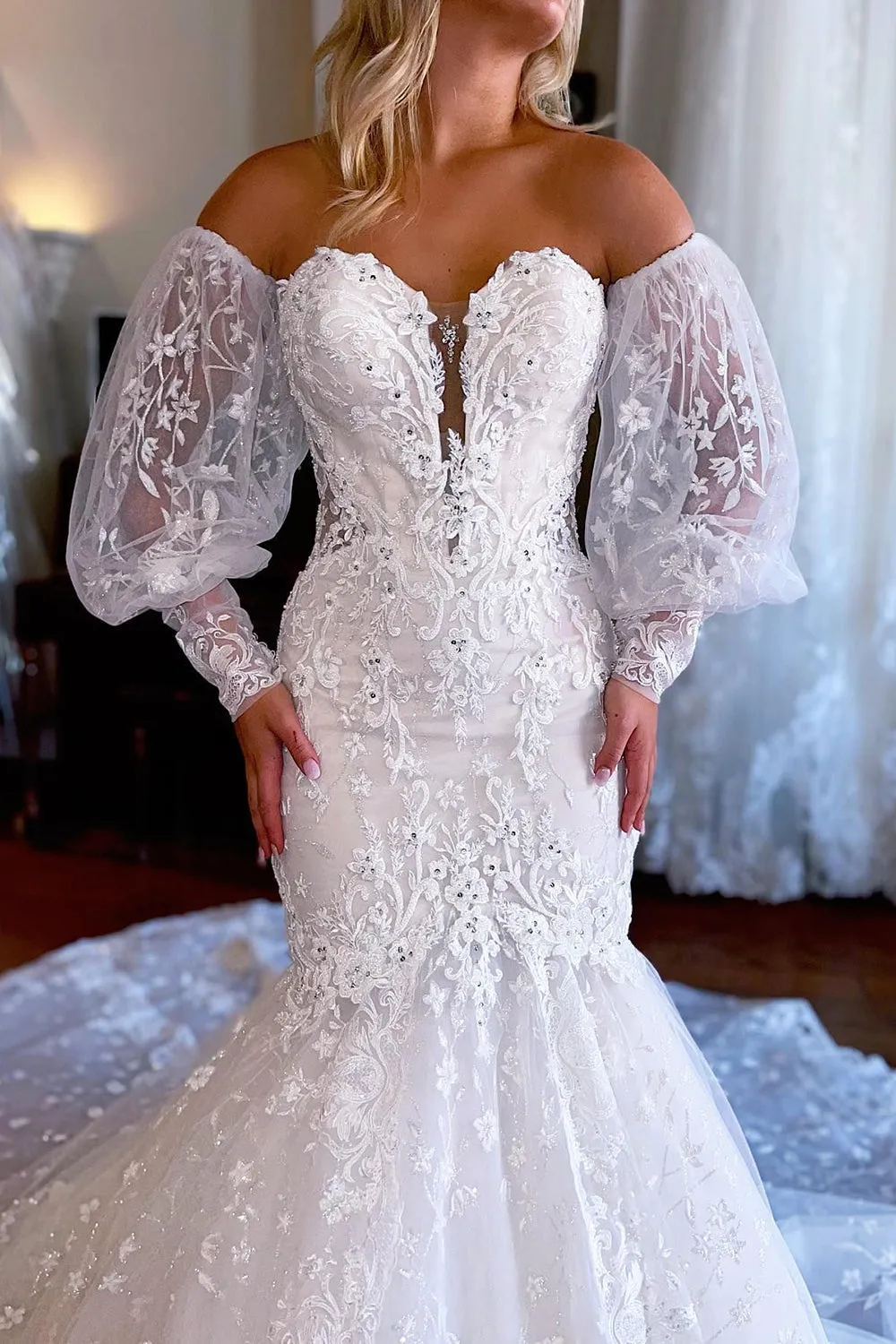 Alena | Sparkly White Mermaid Detachable Long Sleeves Lace Wedding Dress sold by KissProm product image thumbnail 4