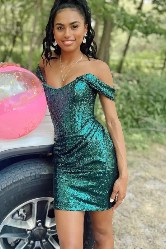 Lemus | Sparkly Off the Shoulder Dark Green Sequins Short Homecoming Dresses sold by KissProm